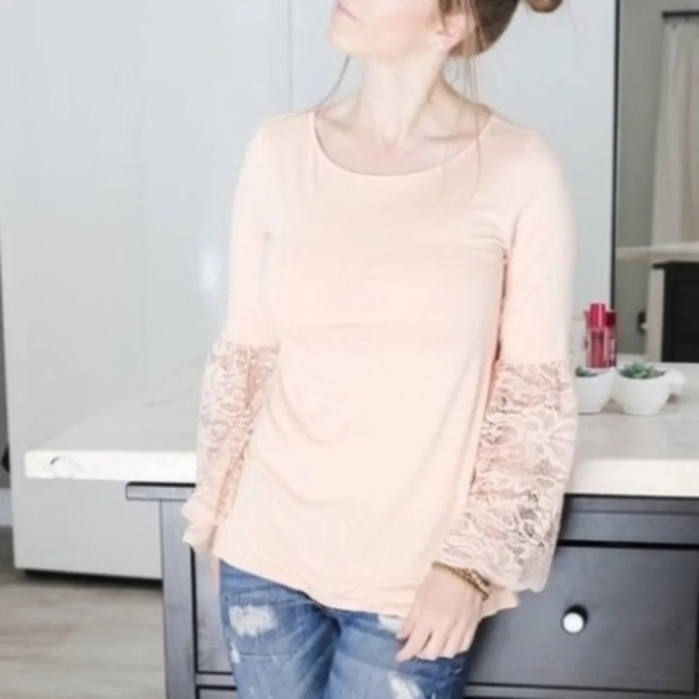 Pink peach lace sleeve top